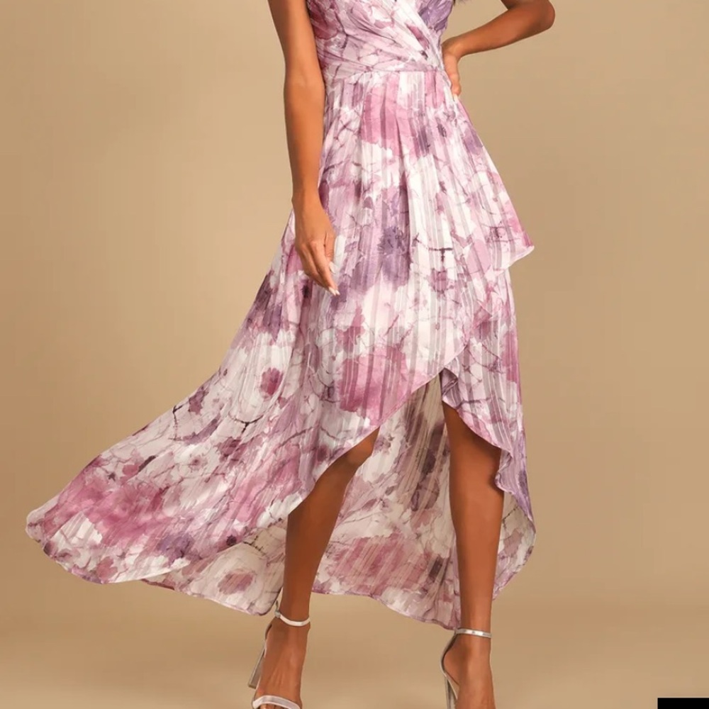 Lulu's Pink and Purple Asymmetrical Ruffled Wrap Dress